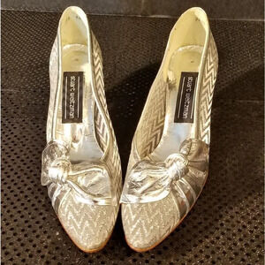 STUART‎ WEITZMAN Silver Glittered Mesh Heel Pumps